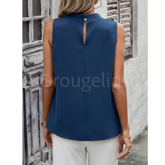 Blue Cowl Draped Pleated Neck Sleeveless Top Blouse Decorative Shoulder Buttons - Picture 4 of 7